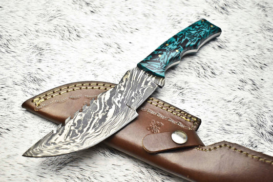10.0" Handmade Damascus Steel Tracker Knife | Hardwood Handle with Leather Sheath