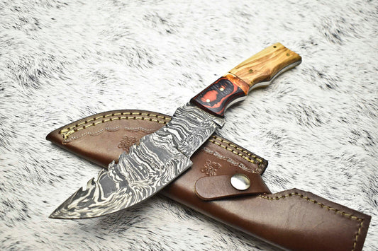 10.0" Handmade Damascus Tracker Knife | Olive Wood Handle & Leather Sheath