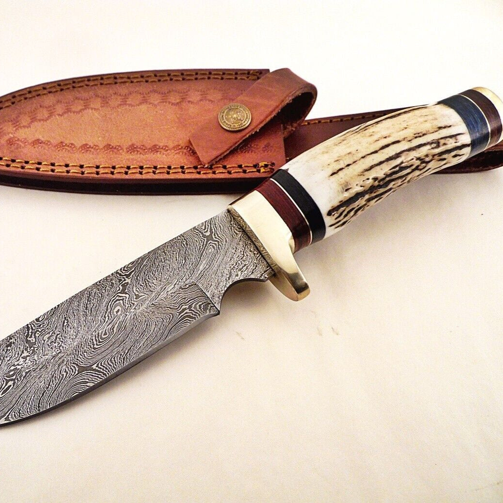 10.25" Custom Damascus Bowie Knife with Stag Horn & Brass Pommel
