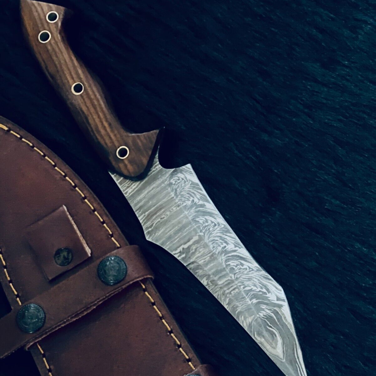 10.25" Custom Handmade Fire Damascus Tanto Hunting Knife – Camel Bone & Wood Handle