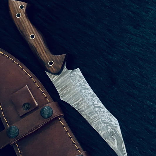 10.25" Custom Handmade Fire Damascus Tanto Hunting Knife – Camel Bone & Wood Handle