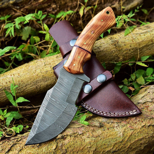 10.25" Handmade Damascus Steel Tracker Knife | Olive Wood Handle with Leather Sheath