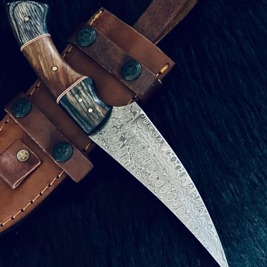 10.25" RainDrop Damascus Bowie Knife – Camel Bone & Wood Handle