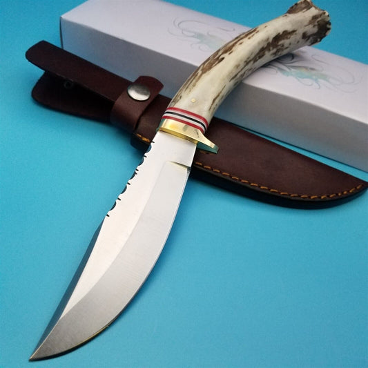 10.25″ Skinner Knife – Stainless Steel Blade, Stag Antler Handle & Leather Sheath