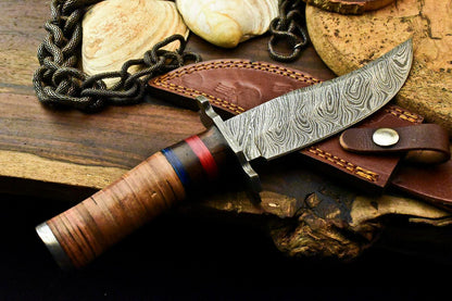 10.5" Custom Damascus Bowie Knife Damascus Steel Knife with Stacked Leather Handle