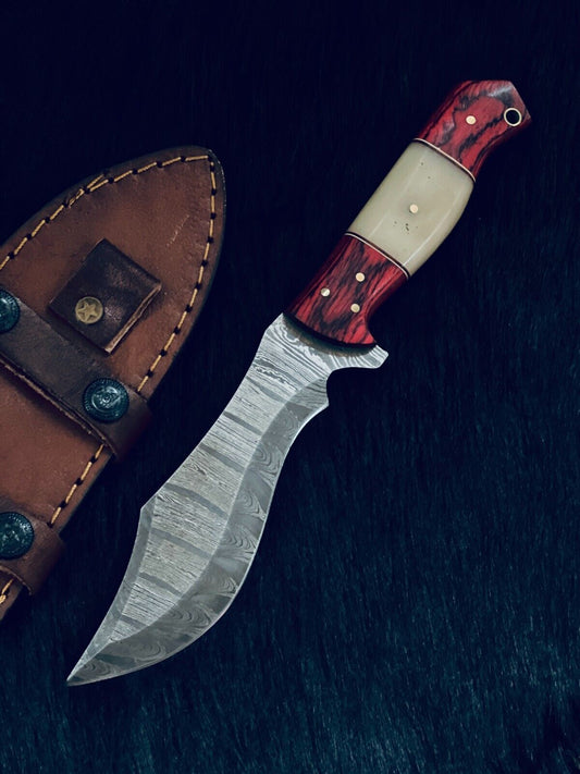 10.5" Custom Handmade Damascus Bowie Knife Damascus Steel Knife With Bone & Wood Handle 