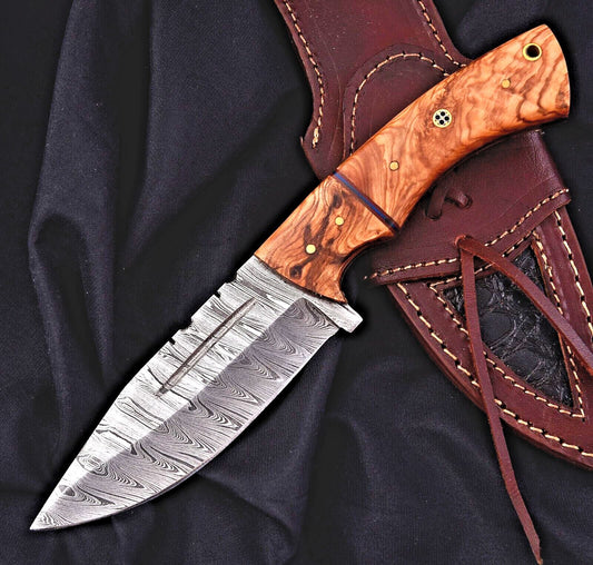 10.5" Custom Handmade Damascus Steel Tracker Knife – Full Tang Hunting, Camping & Survival Knife with Leather Sheath