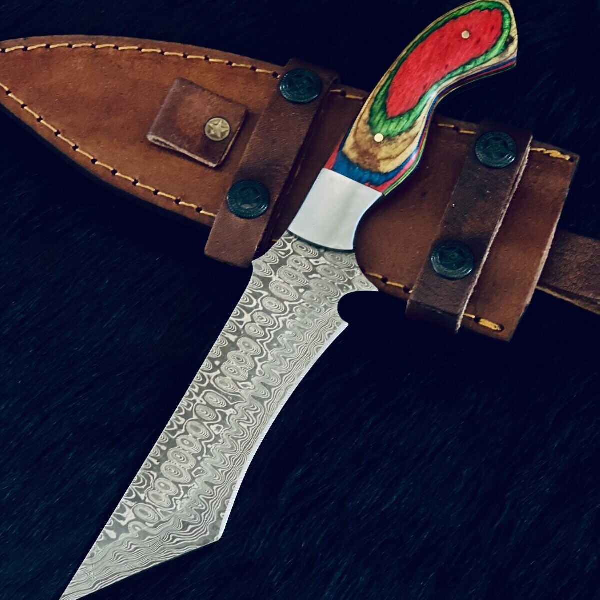 10.5" Custom Handmade Rain Drop Damascus Tanto Bowie Hunting Knife – Camel Bone & Wood Handle

