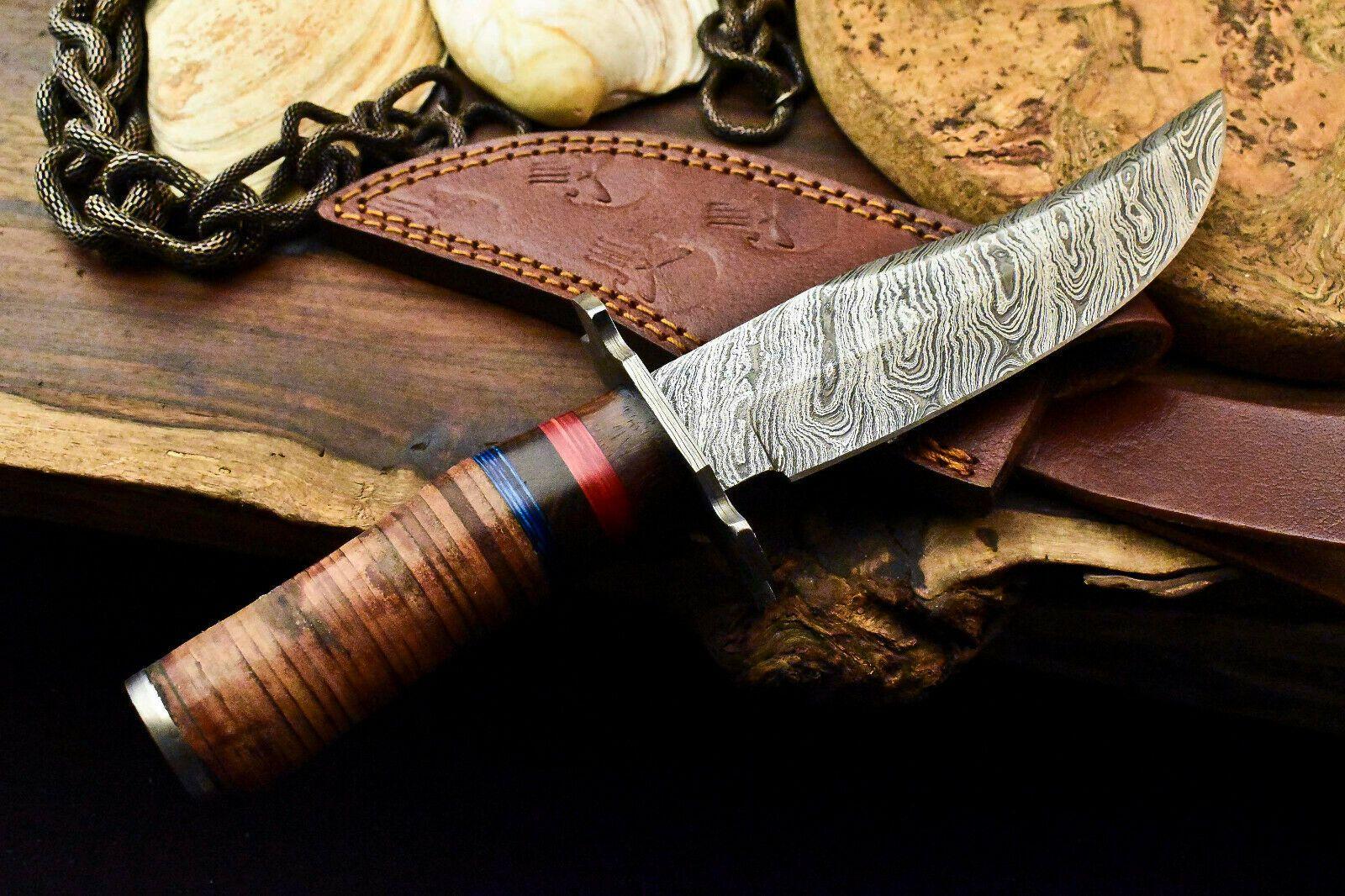 10.5" Damascus Bowie Knife Damascus Steel Knife with Stacked Leather Handle & Sheath