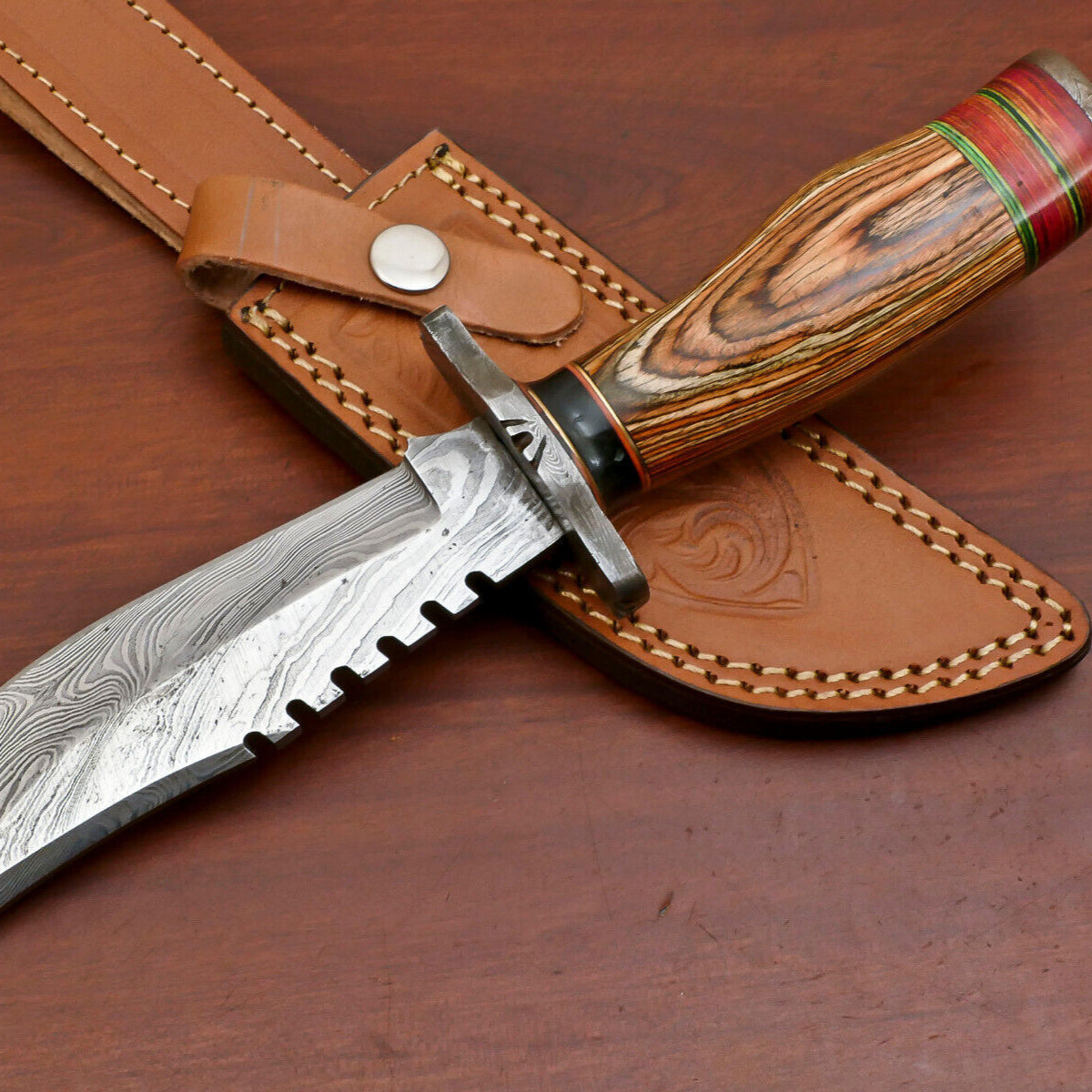10.5" Damascus Steel Bowie Knife with Pakka Wood Handle – Handmade Full Tang Blade

