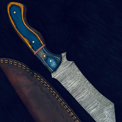 10.5" Damascus Tanto Hunting Knife – Camel Bone & Wood Handle