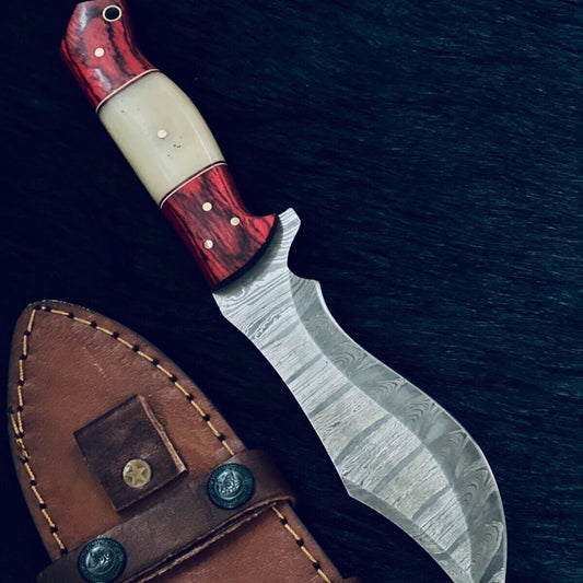 10.5" Fire Damascus Bowie Knife – Camel Bone & Wood Handle