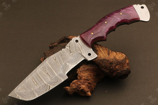10.5" Hand Forged Ladder Damascus Steel Tracker Bowie Knife | Camel Bone Handle