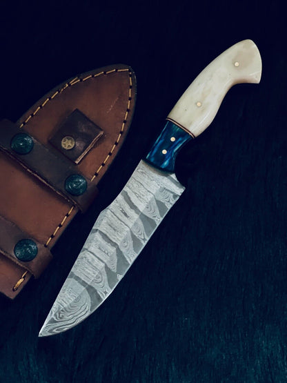 10.5" Hand forged Damascus Bowie Knife Damascus Steel Knife With Bone & Wood Handle
