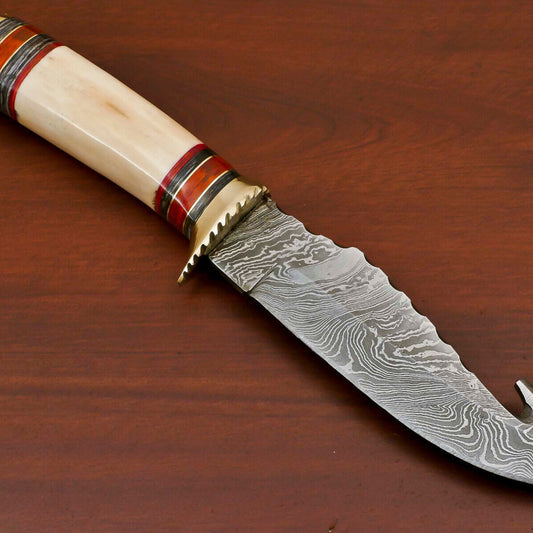 10.5" Handmade Damascus Bowie – Camel Bone & Pakka Wood Hunting Knife with Brass Guard