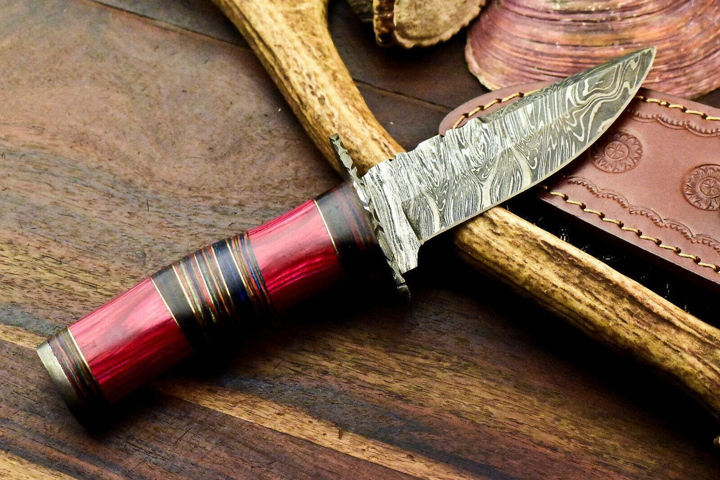 10.5" Handmade Damascus Bowie Knife Damascus Steel Knife with Hard Wood Handle & Sheath