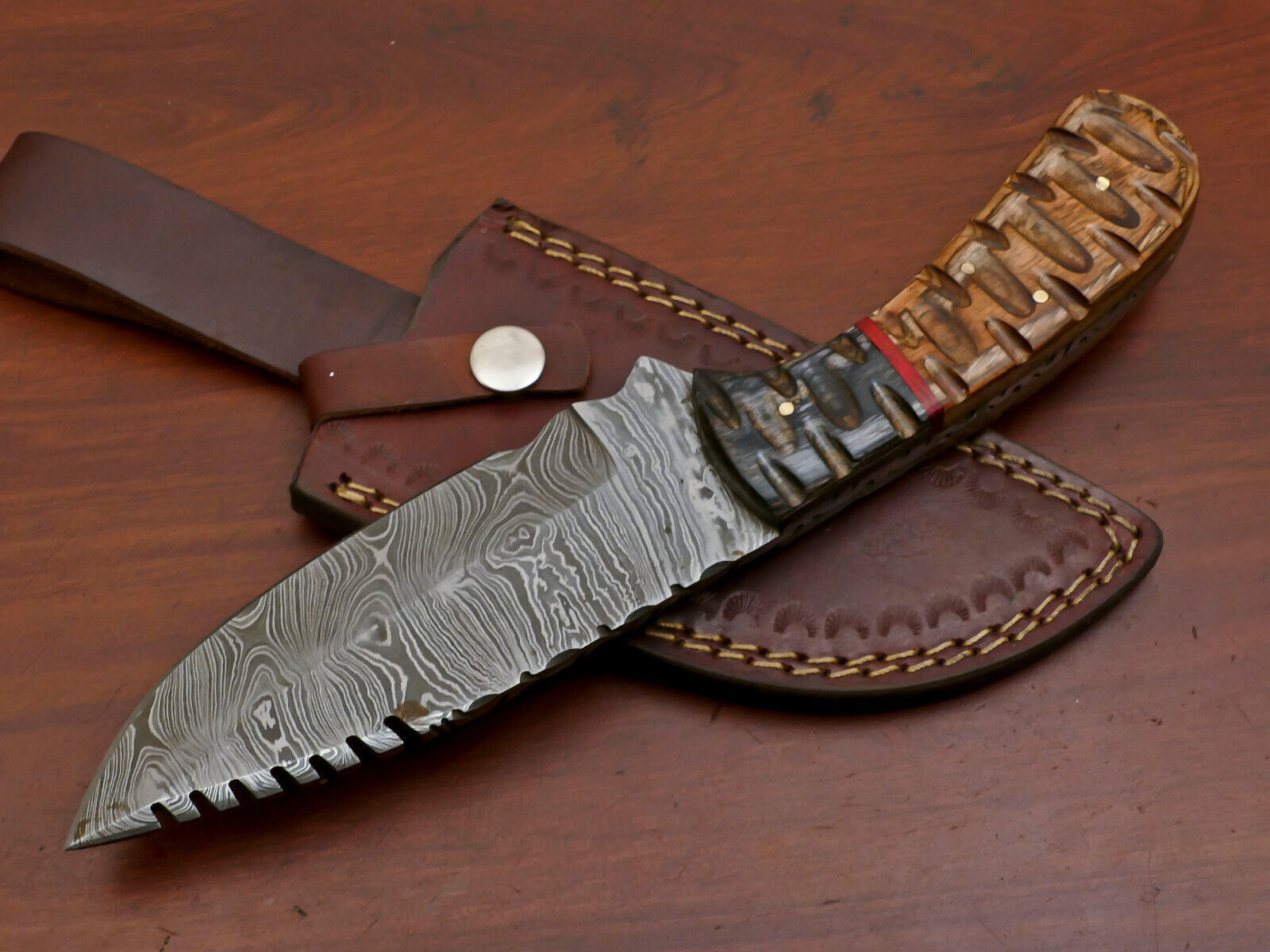10.5" Handmade Damascus Bowie Knife Damascus Steel Knife with Wood Handle