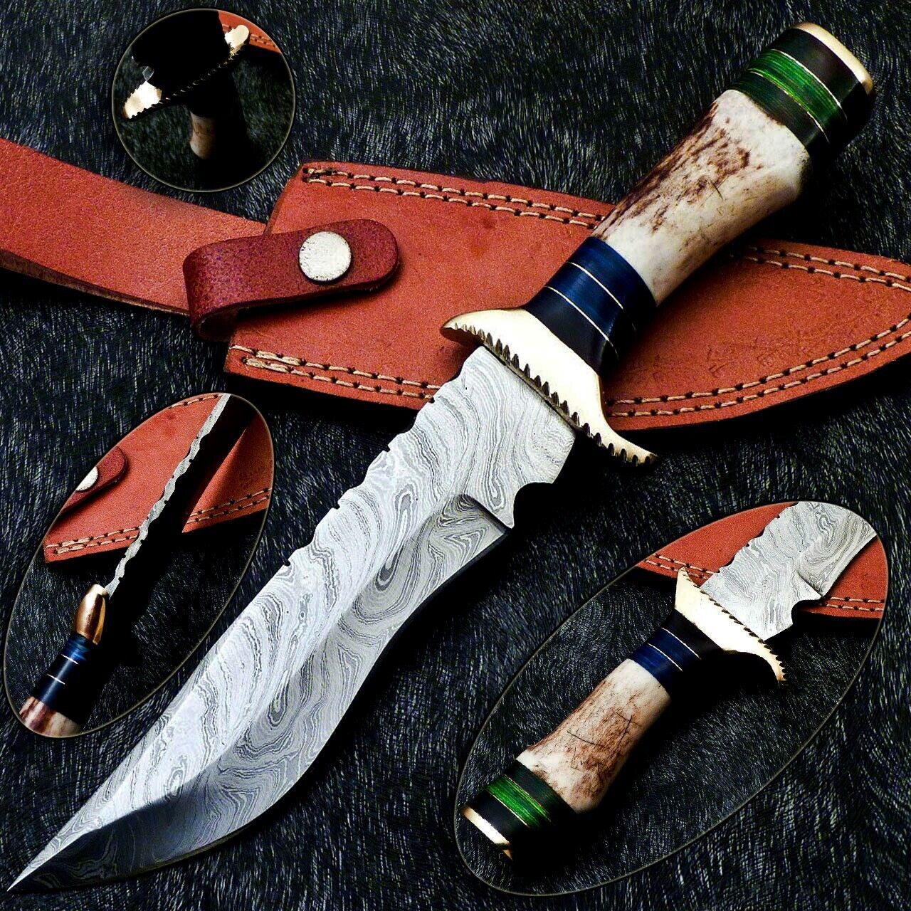 10.5" Handmade Damascus Steel Bowie Knife | Stag Horn Handle Hunting Knife