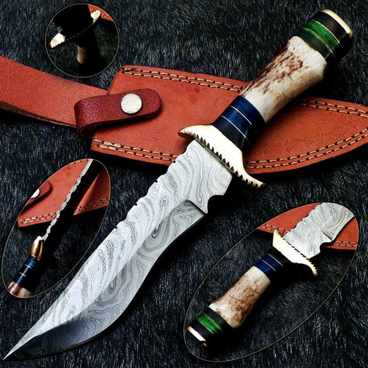 10.5" Handmade Damascus Steel Bowie Knife | Stag Horn Handle Hunting Knife