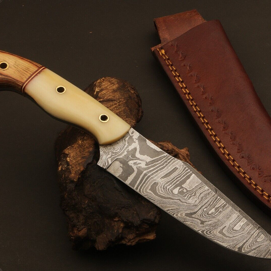 10.5" Handmade Ladder Damascus Steel Bowie Hunting Knife | Camel Bone & Wood Handle