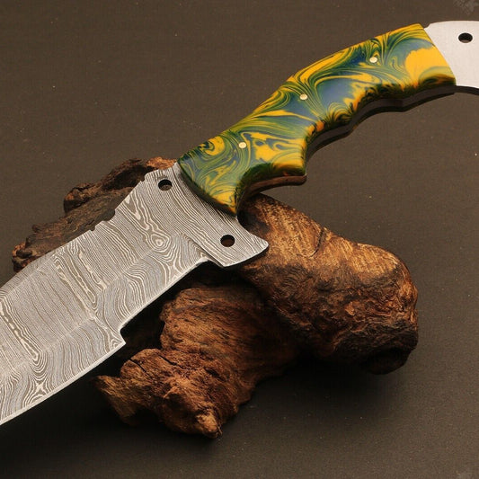 10.5" Handmade Ladder Damascus Tracker Bowie Knife – Camel Bone & Wood Handle