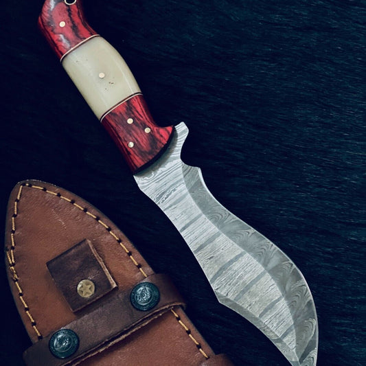 10.5" Heritage Forge Fire Damascus Bowie Knife – Bone & Wood Handle
