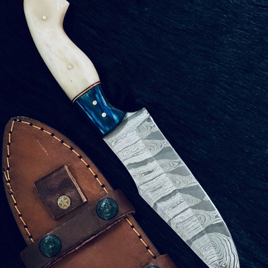 10.5" Heritage Forge Rain Drop Damascus Bowie Knife – Bone & Wood Handle
