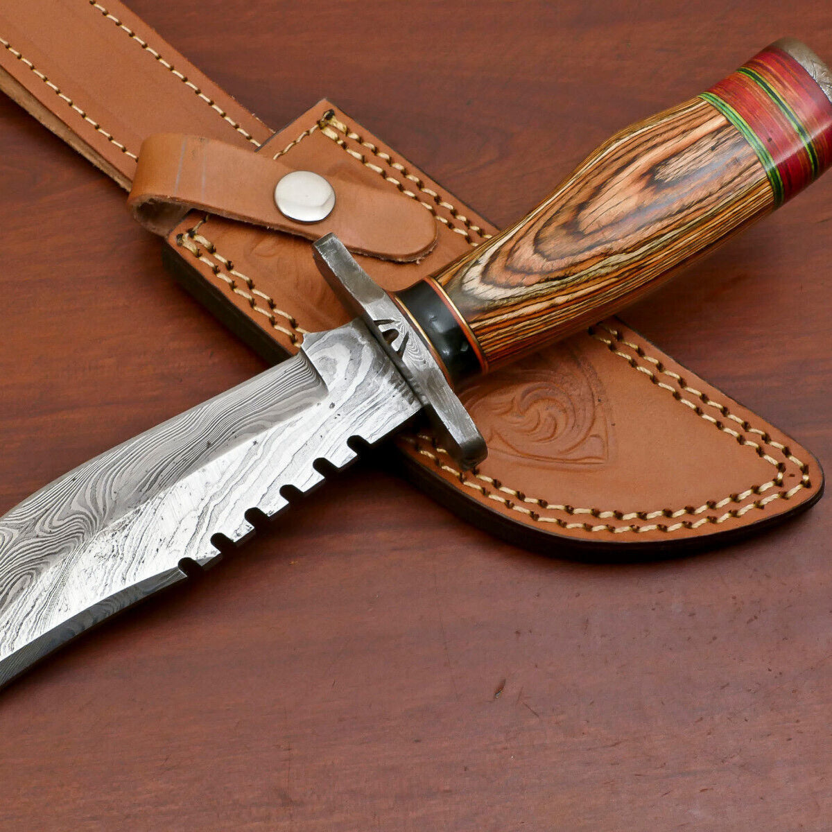10.5 Inch Damascus Bowie Knife with Pakka Wood Handle