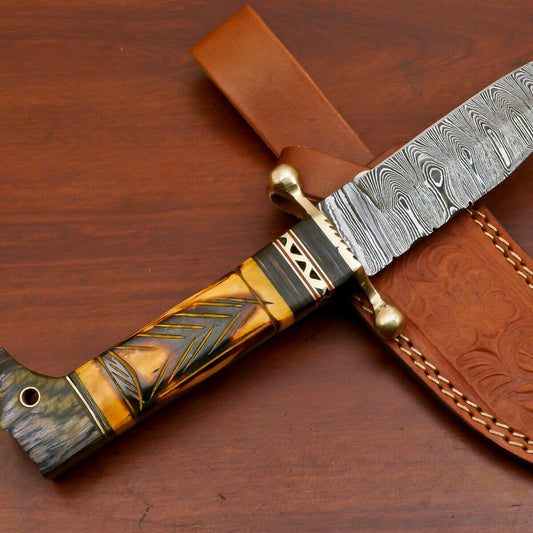 10.5 Inch Damascus Hunting Knife with Camel Bone and Pakka Wood Handle