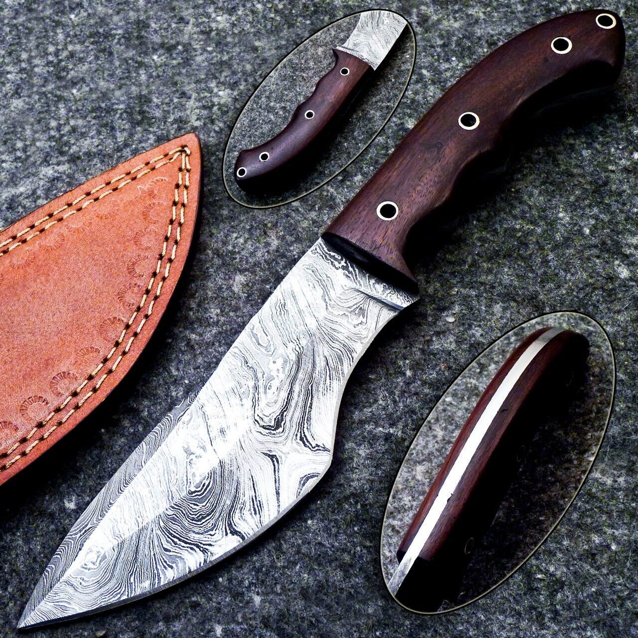 10.5 Inch Handmade Damascus Full Tang Hunting Bowie Knife with Hardwood Handle