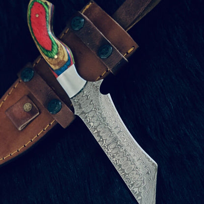 10.5" Rain Drop Damascus Tanto Knife – Camel Bone & Wood Handle