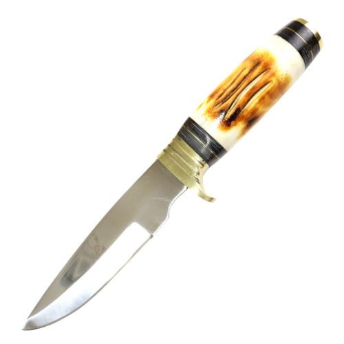 10.5″ Skinner Knife – Stainless Steel Sharp Blade with Burn Bone Handle & Leather Sheath