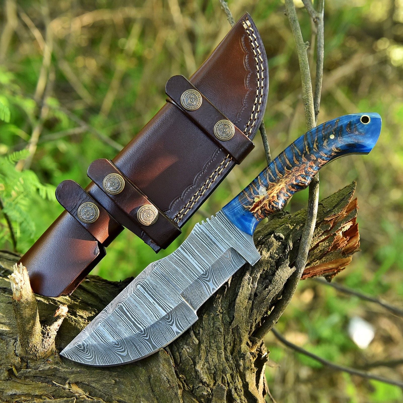 10.6" Handmade Damascus Steel Tracker Knife | Pine Cone Corelon Handle with Leather Sheath