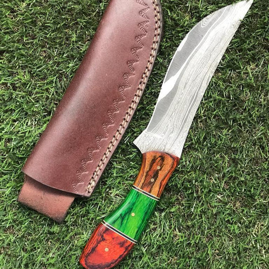 10.75" Custom Handmade Twist Damascus Steel Fixed Blade Hunting Bowie Knife with Leather Sheath