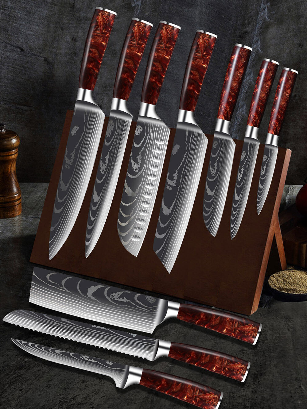 10PC Japanese kitchen knives Laser Damascus pattern chef knife Set&Scabbard