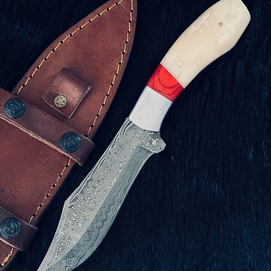 10" Bowie Knife – Raindrop Damascus Steel Blade & Camel Bone Handle 