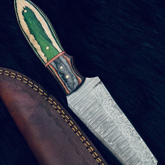 10" Camel Bone & Wood Handle Damascus Tanto Knife – Handmade Hunting Blade