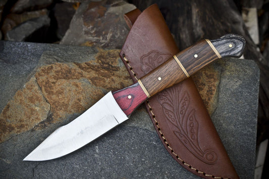 10" Custom AUS-8 Steel Skinner Knife – Walnut Wood Handle, Wooden Bolster, Leather Sheath for Hiking