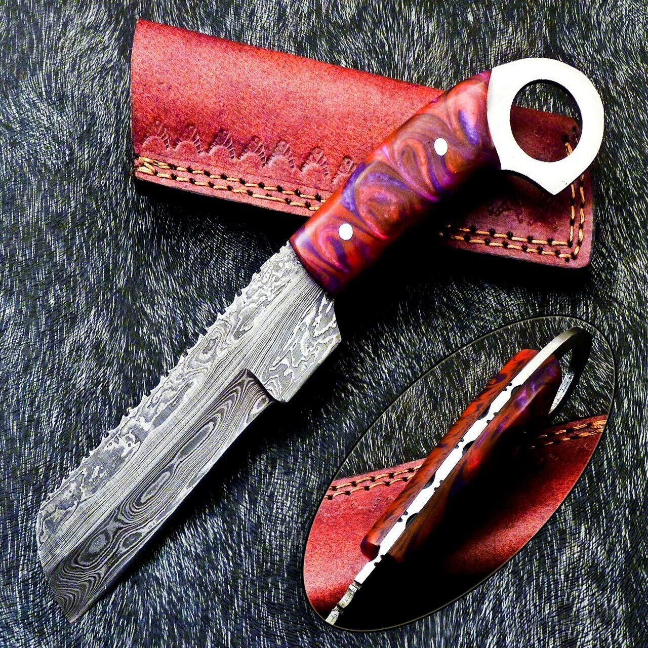 10" Custom Damascus Bowie Knife Damascus Steel Knife With Resin Handle & Leather Sheath