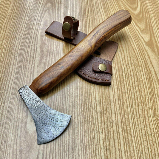 10" Custom Forged Damascus Axe Tomahawk with Wood Handle | Handmade Damascus Steel Axe for Camping and Survival