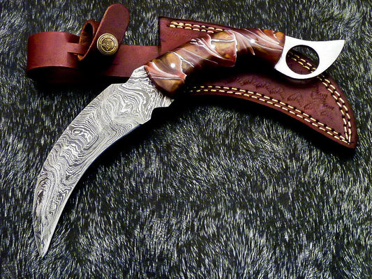 10” Custom Hand Forged Damascus Karambit Knife Full Tang Damascus Karambit with Resin Handle
