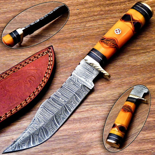 10" Custom Handmade Damascus Steel Bowie Knife – Engraved Camel Bone & Wood Handle