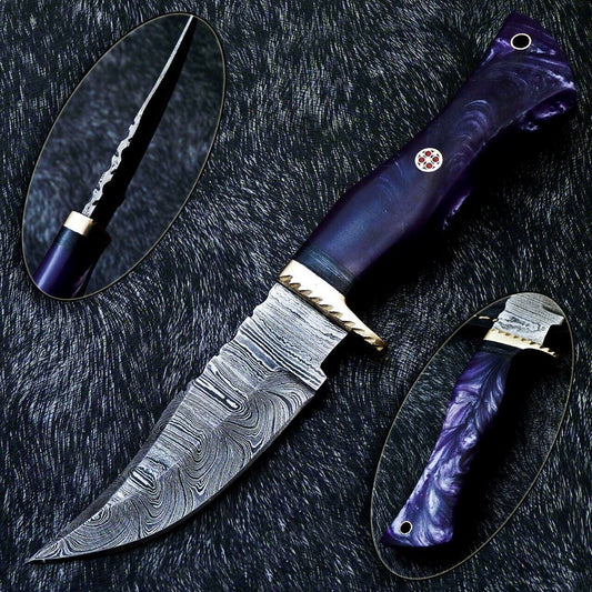 10" Custom Handmade Damascus Steel Bowie Knife – Resin Handle, Brass Bolster & Leather Sheath