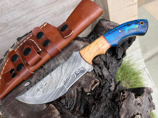 10" Custom Handmade Damascus Steel Tracker Knife | Full Tang with Hardwood Handle & Sheath