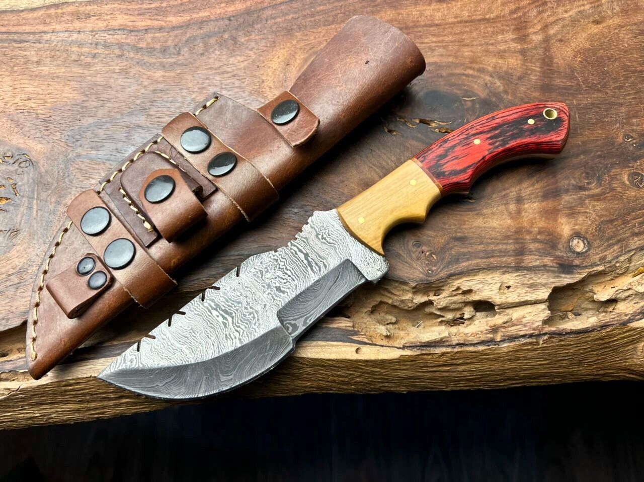 10" Custom Handmade Damascus Tracker Knife – Full Tang Blade with Hard Wood Handle & Leather Sheath