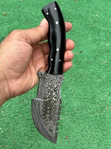 10" Custom Handmade Damascus Tracker Knife – Full Tang Hunting & Survival Blade with Bull Horn Handle