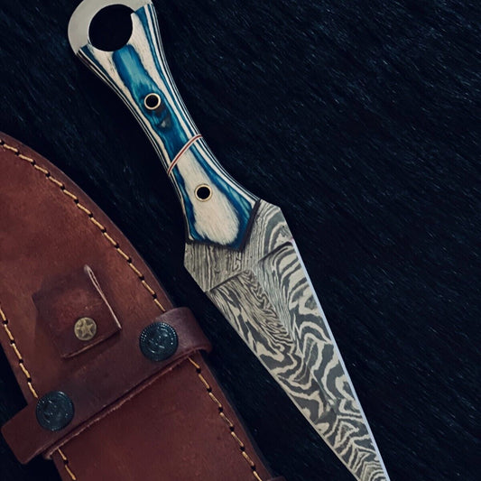 10" Custom Handmade Fire Damascus Dagger Bowie Hunting Knife – Camel Bone & Wood Handle


