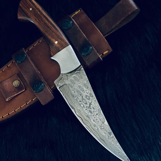 10" Custom Handmade RainDrop Damascus Bowie Hunting Knife – Camel Bone & Wood Handle