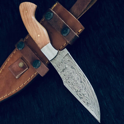 10" Custom Handmade RainDrop Damascus Bowie Hunting Knife – Wood Handle