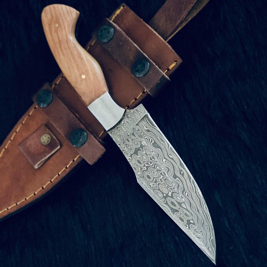 10" Custom Handmade RainDrop Damascus Bowie Hunting Knife – Wood Handle